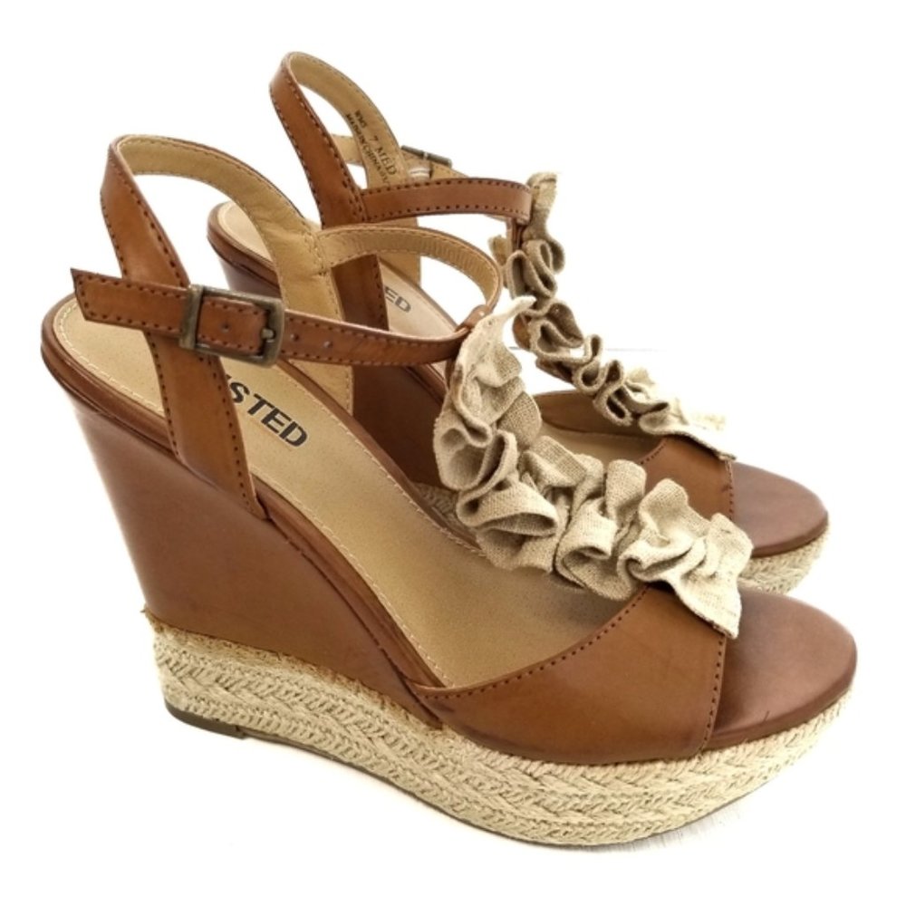 Unlisted Open Toe Tan Platform Ankle Strap Wedge